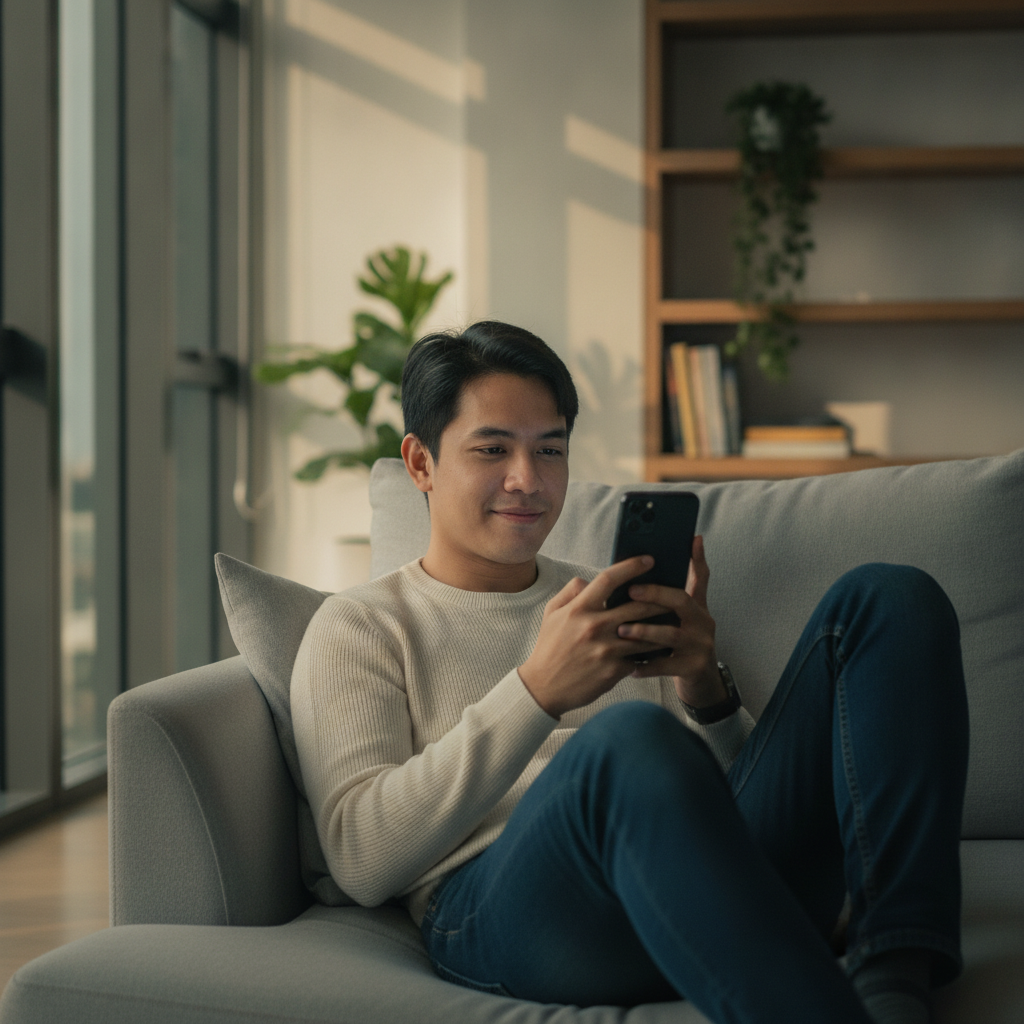 Filipino mobile user learning to register and play on smartphone at home